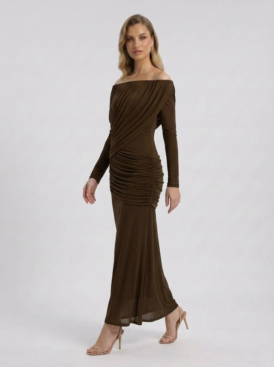 Crystal | Women's Off Shoulder Ruched Long Sleeve Maxi Wedding Guest Dress