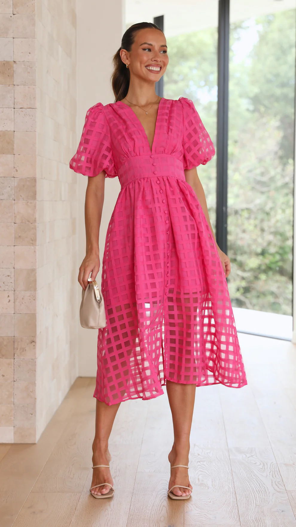 Bailey | Women’s Grid Textured Puff Sleeve Midi Wedding Guest Dress