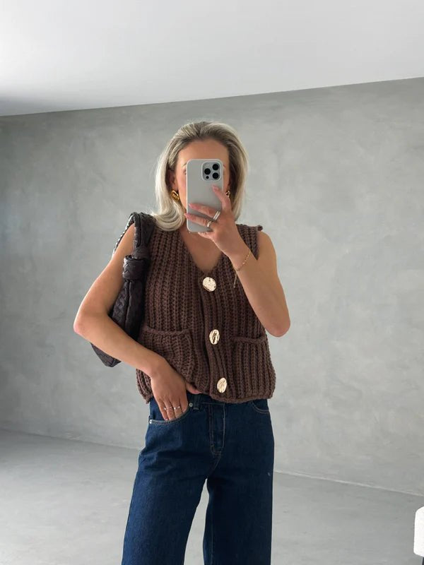 Camille | Women's Chunky Knit Button Front Vest Cardigan