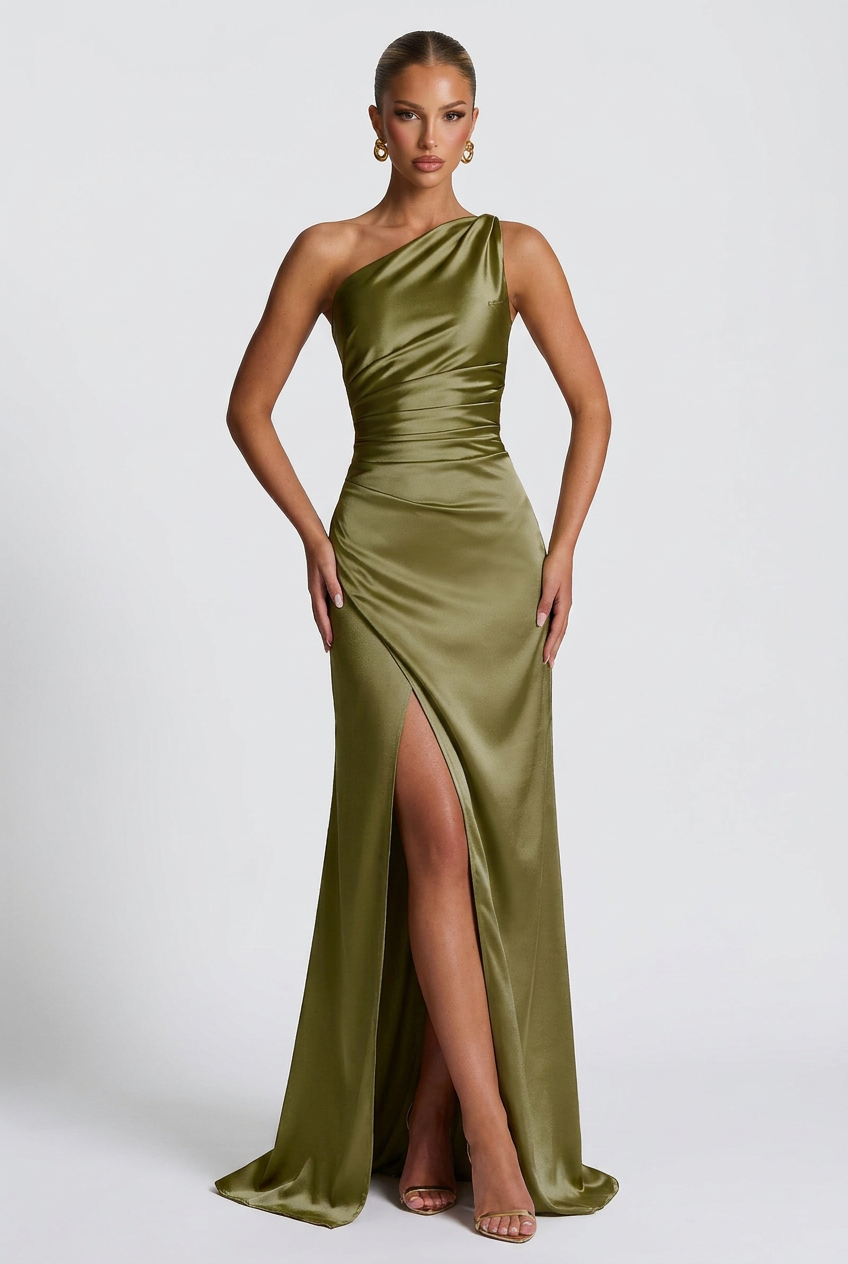 Daphne | Women's One-Shoulder Satin Maxi Prom Dress with Split