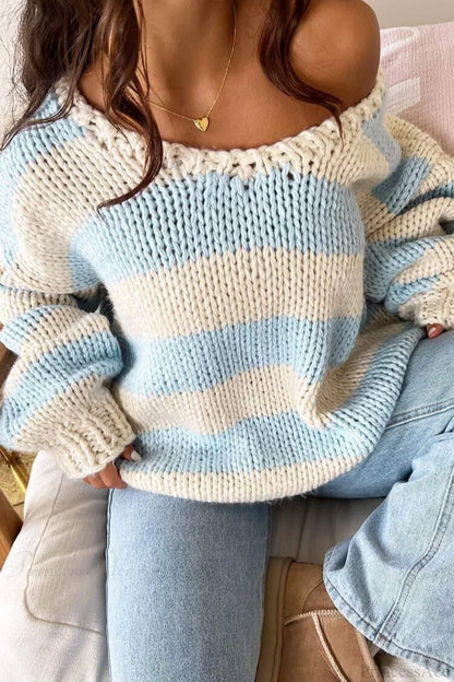 Elaina | Women's Oversized Striped Knit Off Shoulder Sweater