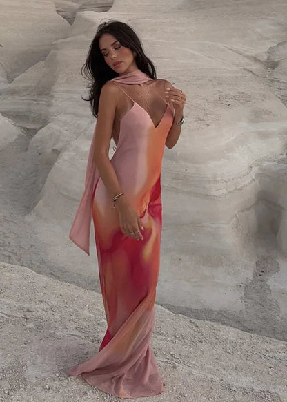 Fayah | Women's Open-Back Ombre Print Spaghetti Strap Satin Maxi Dress