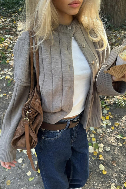Keely | Women's Ribbed Knit Button Front Crew Neck Cardigan