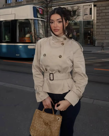Leslie | Women's Belted Double Breasted High Neck Jacket Trench Coat