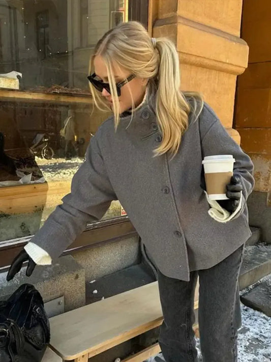 Lexa | Women's Asymmetrical High Neck Button Front Jacket