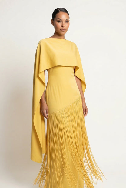 Mariah | Women’s Cape Sleeve Fringe Maxi Evening Wedding Guest Dress