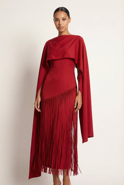 Mariah | Women’s Cape Sleeve Fringe Maxi Evening Wedding Guest Dress
