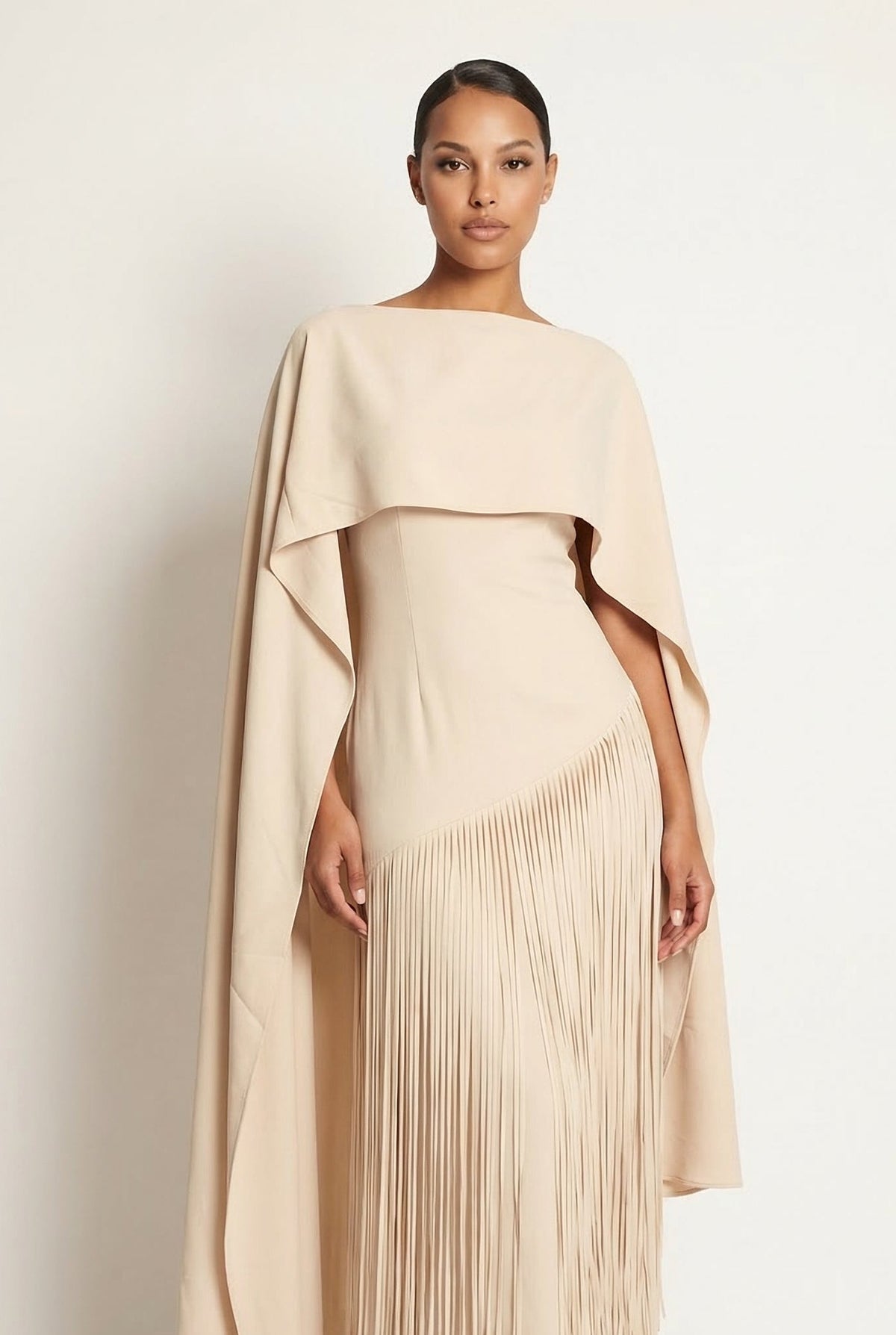 Mariah | Women’s Cape Sleeve Fringe Maxi Evening Wedding Guest Dress