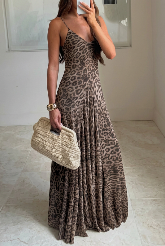 Pixie | Women's Leopard Print Spaghetti Strap Flowy Maxi Summer Dress