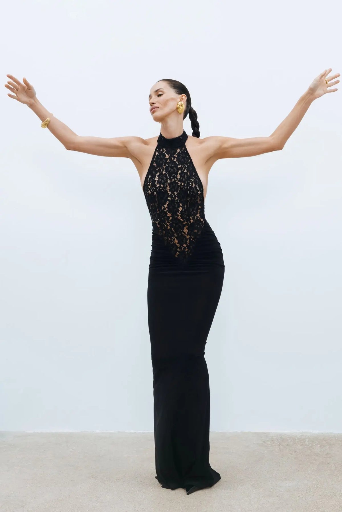 Rayna | Women's High-Neck Sleeveless Backless Lace Bodycon Maxi Dress