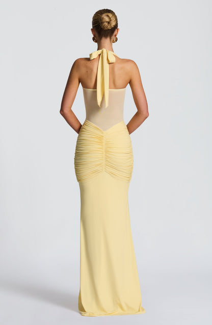 Back view of the lemon maxi dress showing the open mesh back and halter neck tie
